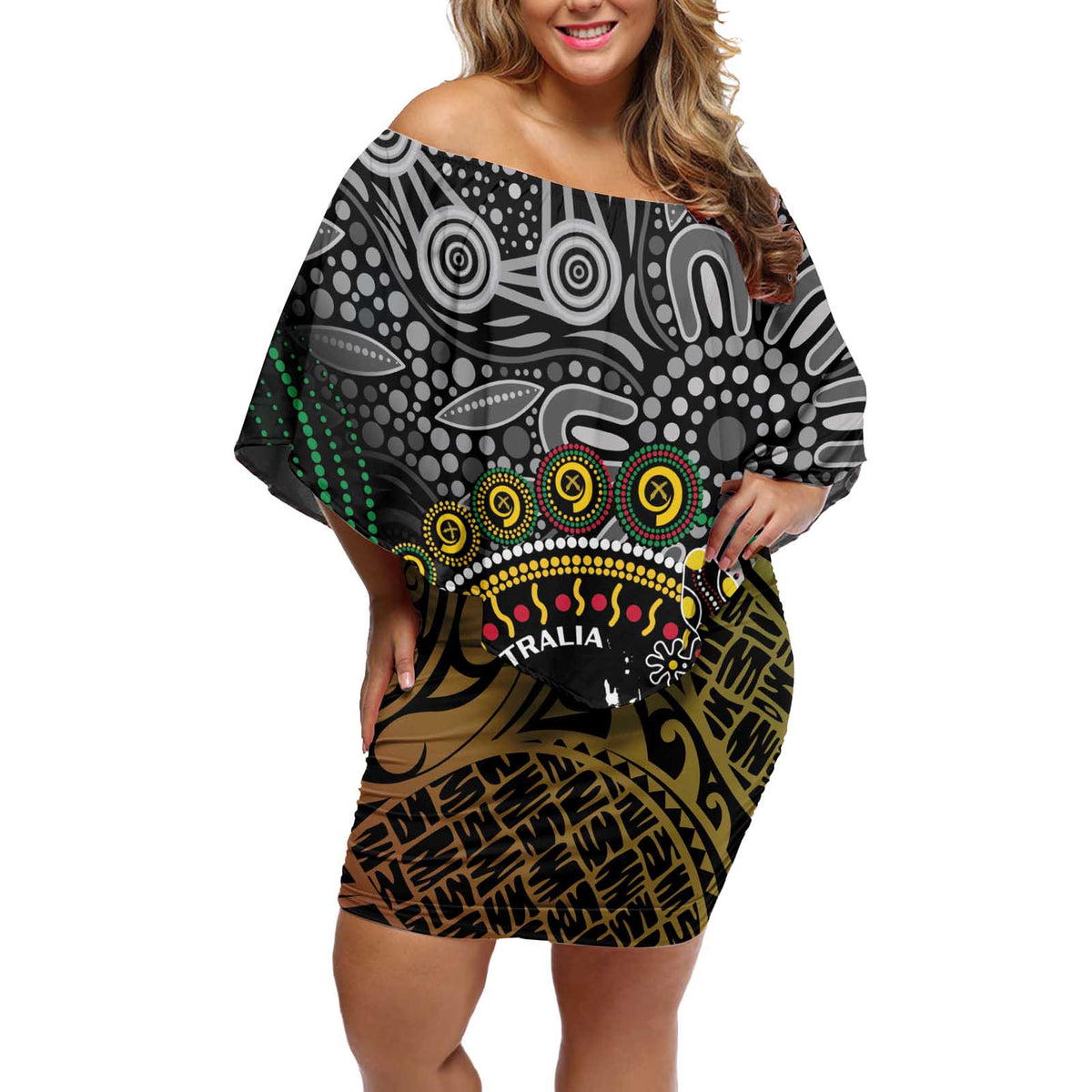 Personalised Australia And Vanuatu Off Shoulder Short Dress Aboriginal Lizard Polynesia Ni-Van Pig Tusk LT14 Women Black - Polynesian Pride