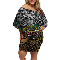 Personalised Australia And Vanuatu Off Shoulder Short Dress Aboriginal Lizard Polynesia Ni-Van Pig Tusk LT14 Women Black - Polynesian Pride