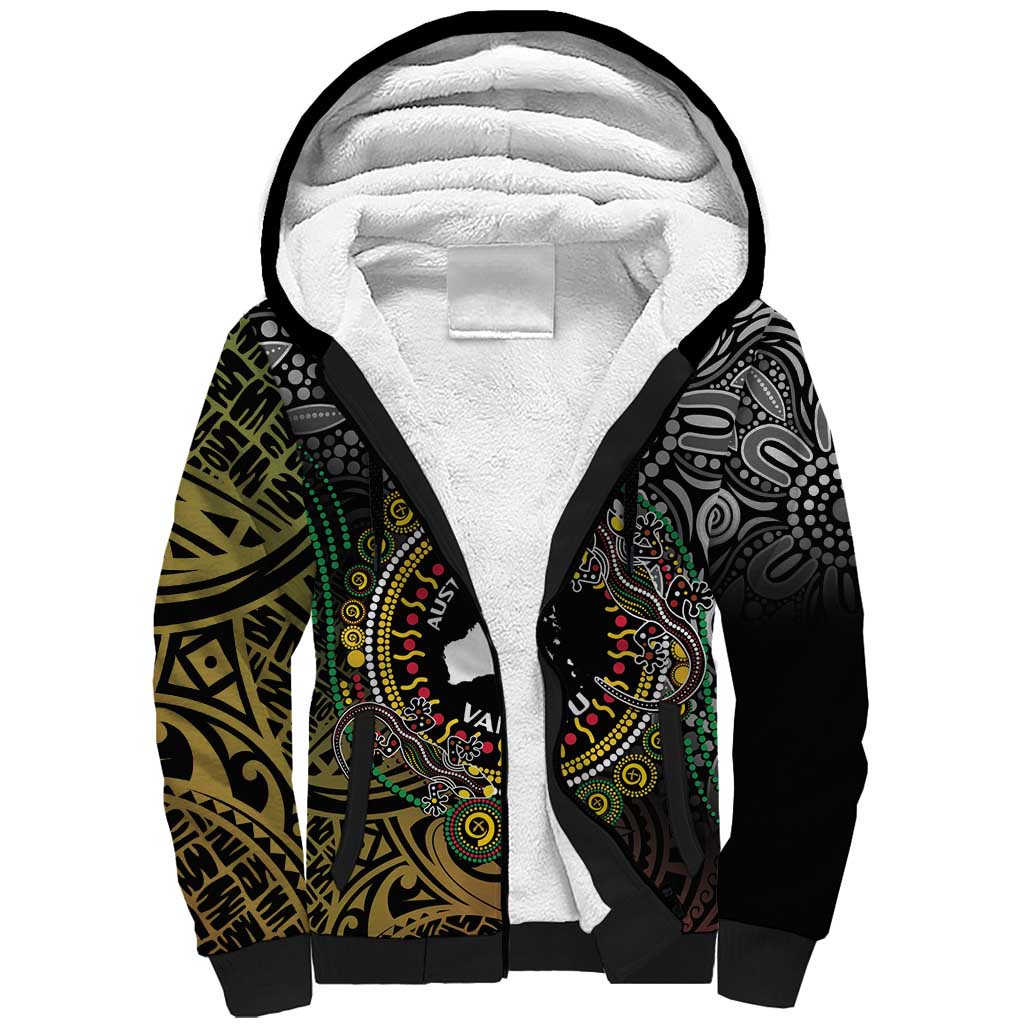 Personalised Australia And Vanuatu Sherpa Hoodie Aboriginal Lizard Polynesia Ni-Van Pig Tusk LT14 Unisex Black - Polynesian Pride