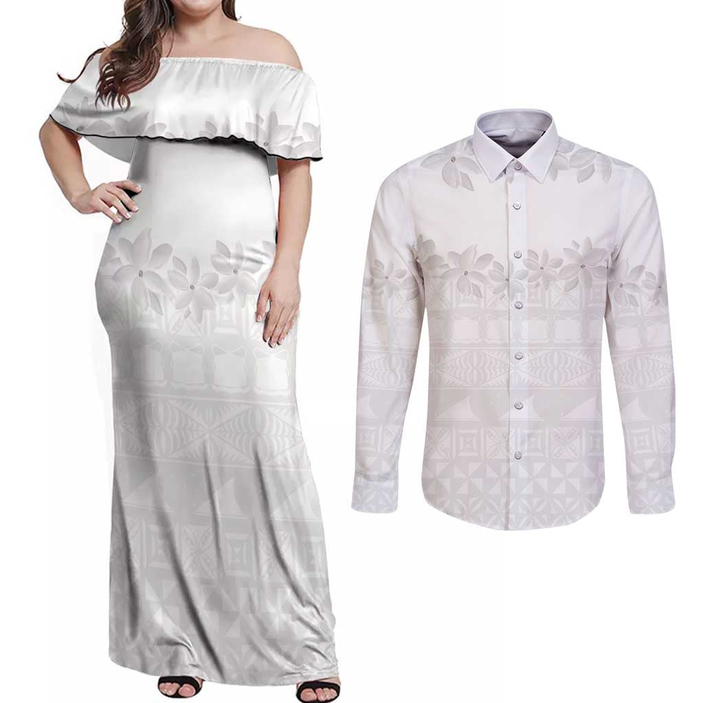 Tokelau White Sunday Couples Matching Off Shoulder Maxi Dress and Long Sleeve Button Shirt Polynesian Pattern Gardenia Thunbergia
