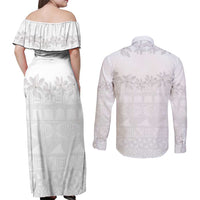 Tokelau White Sunday Couples Matching Off Shoulder Maxi Dress and Long Sleeve Button Shirt Polynesian Pattern Gardenia Thunbergia