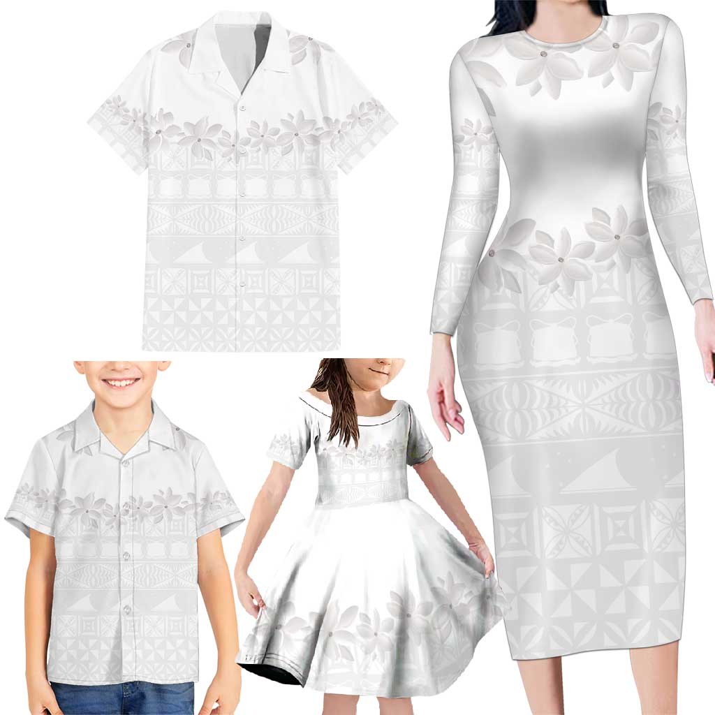 Tokelau White Sunday Family Matching Long Sleeve Bodycon Dress and Hawaiian Shirt Polynesian Pattern Gardenia Thunbergia