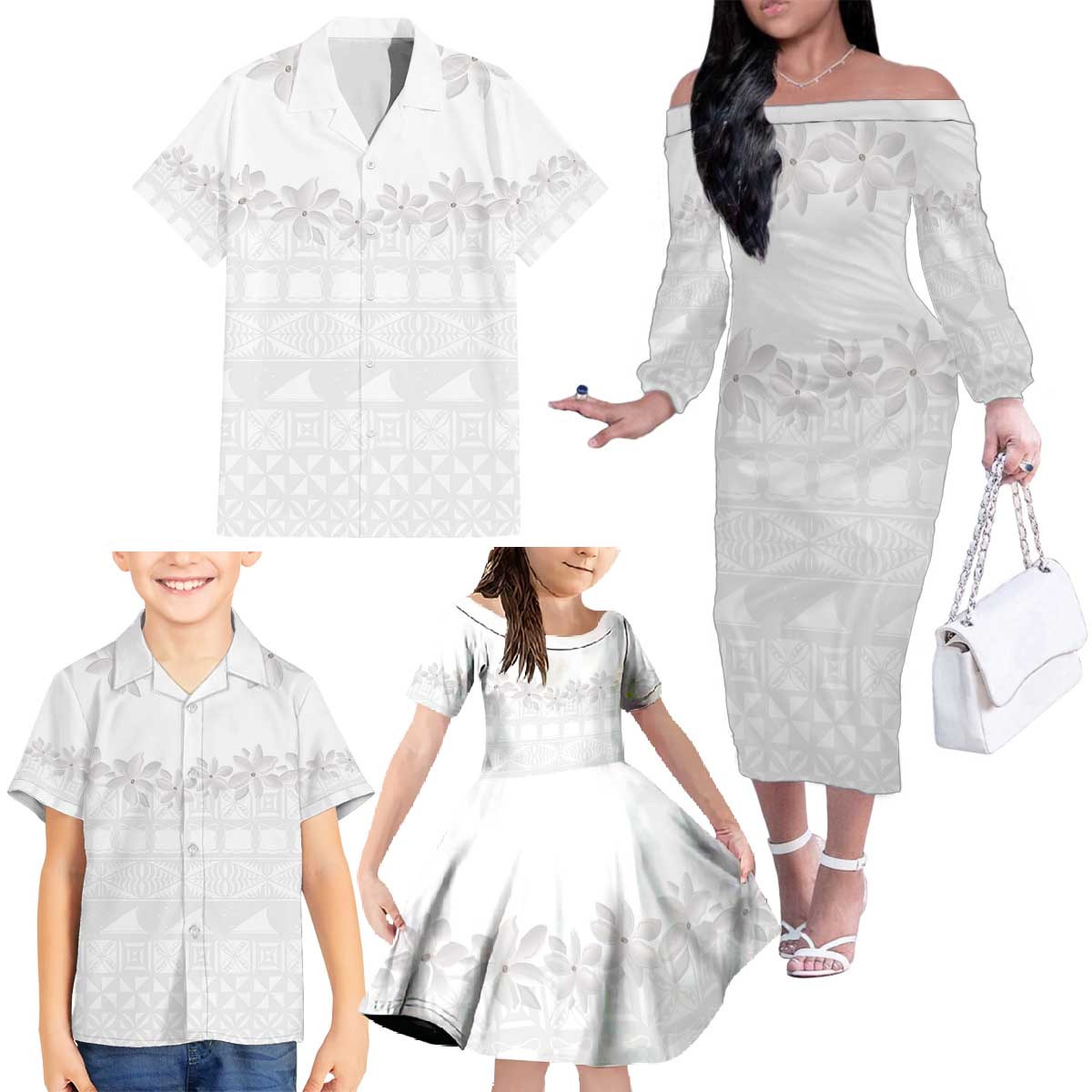 Tokelau White Sunday Family Matching Off The Shoulder Long Sleeve Dress and Hawaiian Shirt Polynesian Pattern Gardenia Thunbergia