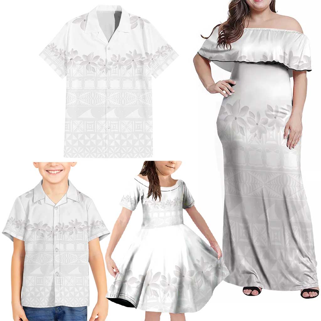 Tokelau White Sunday Family Matching Off Shoulder Maxi Dress and Hawaiian Shirt Polynesian Pattern Gardenia Thunbergia