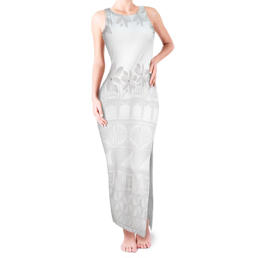 Tokelau White Sunday Tank Maxi Dress Polynesian Pattern Gardenia Thunbergia