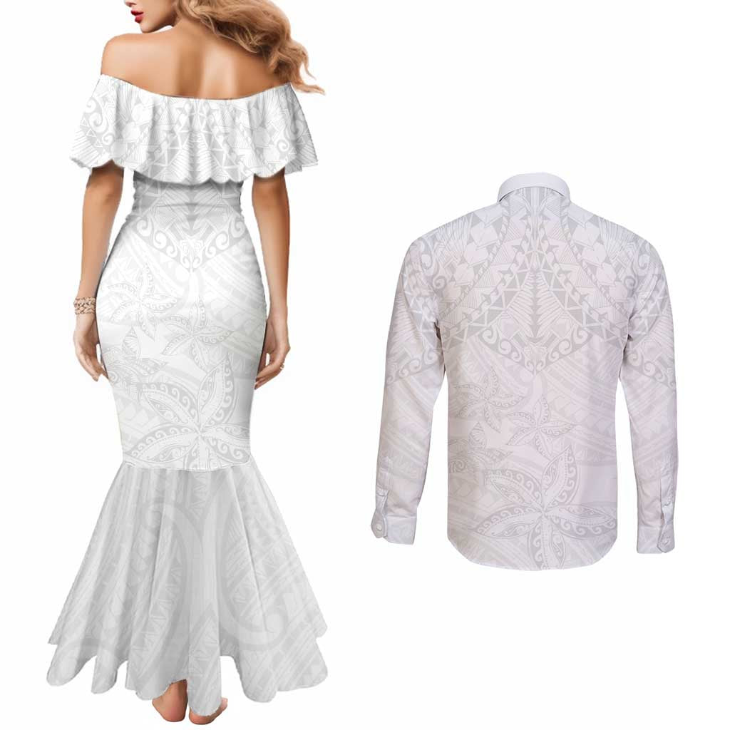 American Samoa White Sunday Couples Matching Mermaid Dress and Long Sleeve Button Shirt Lotu Tamaiti Plumeria With Samoan Pattern