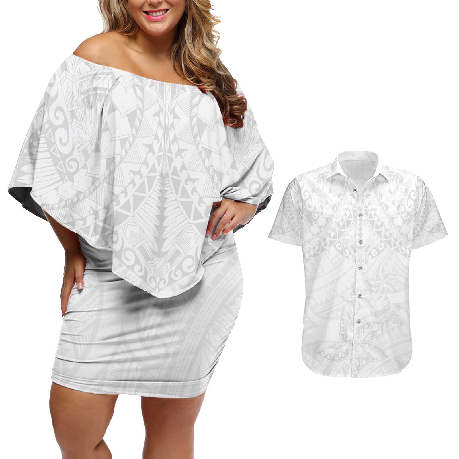 American Samoa White Sunday Couples Matching Off Shoulder Short Dress and Hawaiian Shirt Lotu Tamaiti Plumeria With Samoan Pattern