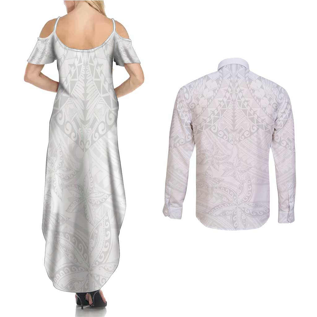 American Samoa White Sunday Couples Matching Summer Maxi Dress and Long Sleeve Button Shirt Lotu Tamaiti Plumeria With Samoan Pattern