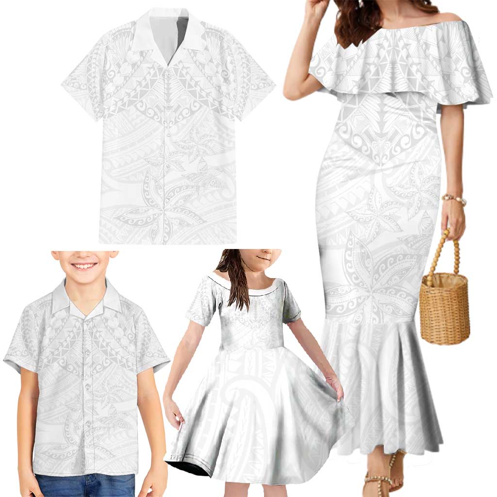 American Samoa White Sunday Family Matching Mermaid Dress and Hawaiian Shirt Lotu Tamaiti Plumeria With Samoan Pattern