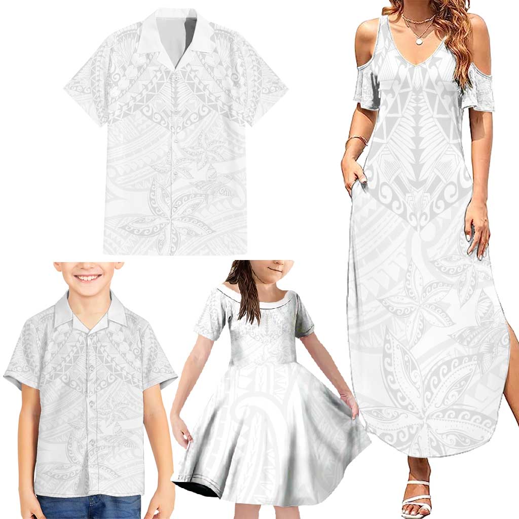 American Samoa White Sunday Family Matching Summer Maxi Dress and Hawaiian Shirt Lotu Tamaiti Plumeria With Samoan Pattern