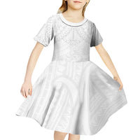 American Samoa White Sunday Kid Short Sleeve Dress Lotu Tamaiti Plumeria With Samoan Pattern