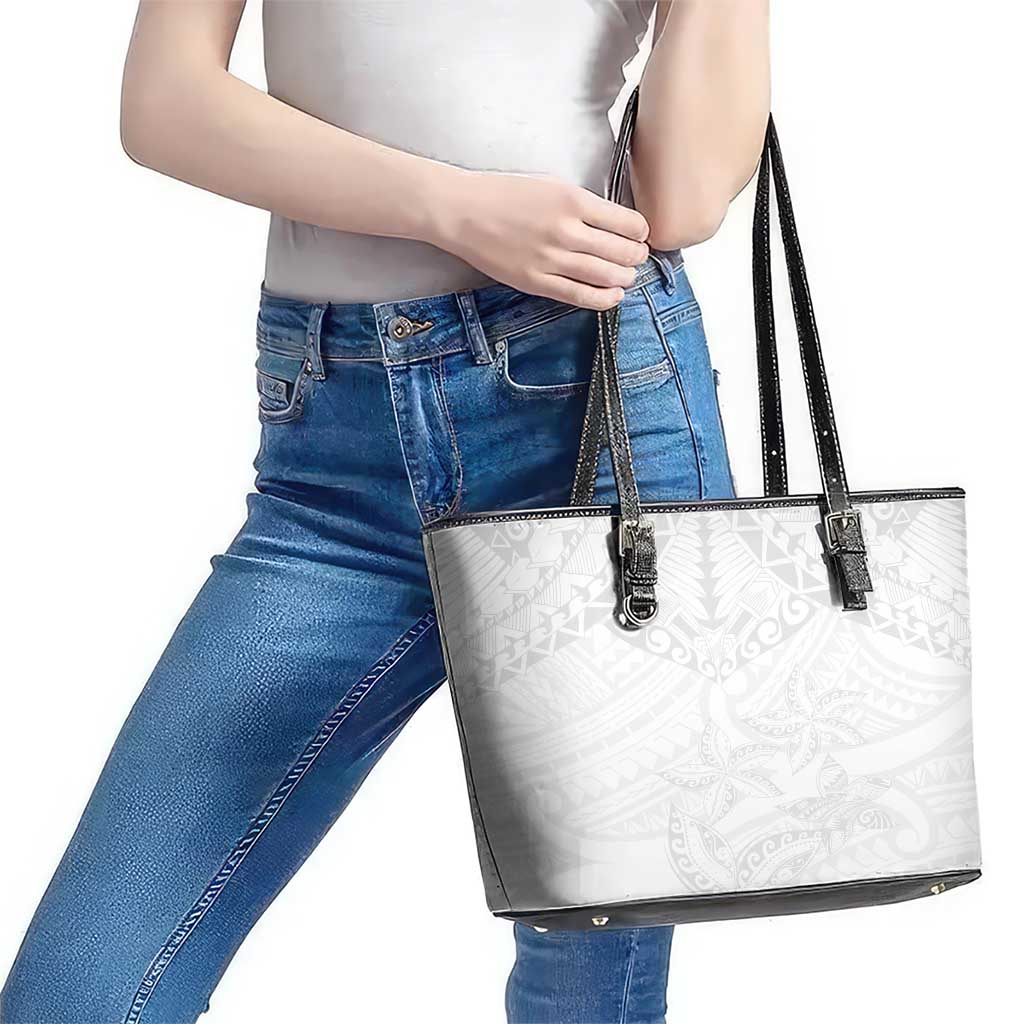 American Samoa White Sunday Leather Tote Bag Lotu Tamaiti Plumeria With Samoan Pattern