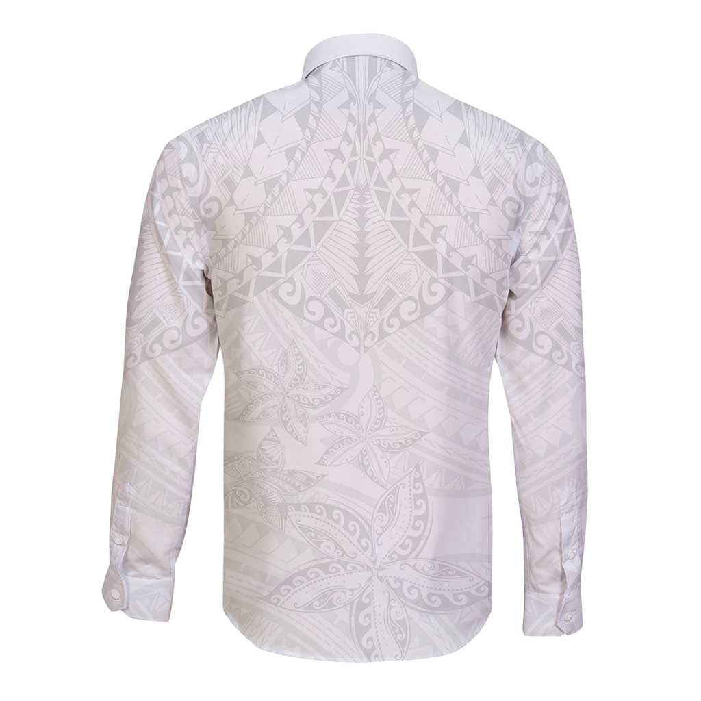 American Samoa White Sunday Long Sleeve Button Shirt Lotu Tamaiti Plumeria With Samoan Pattern
