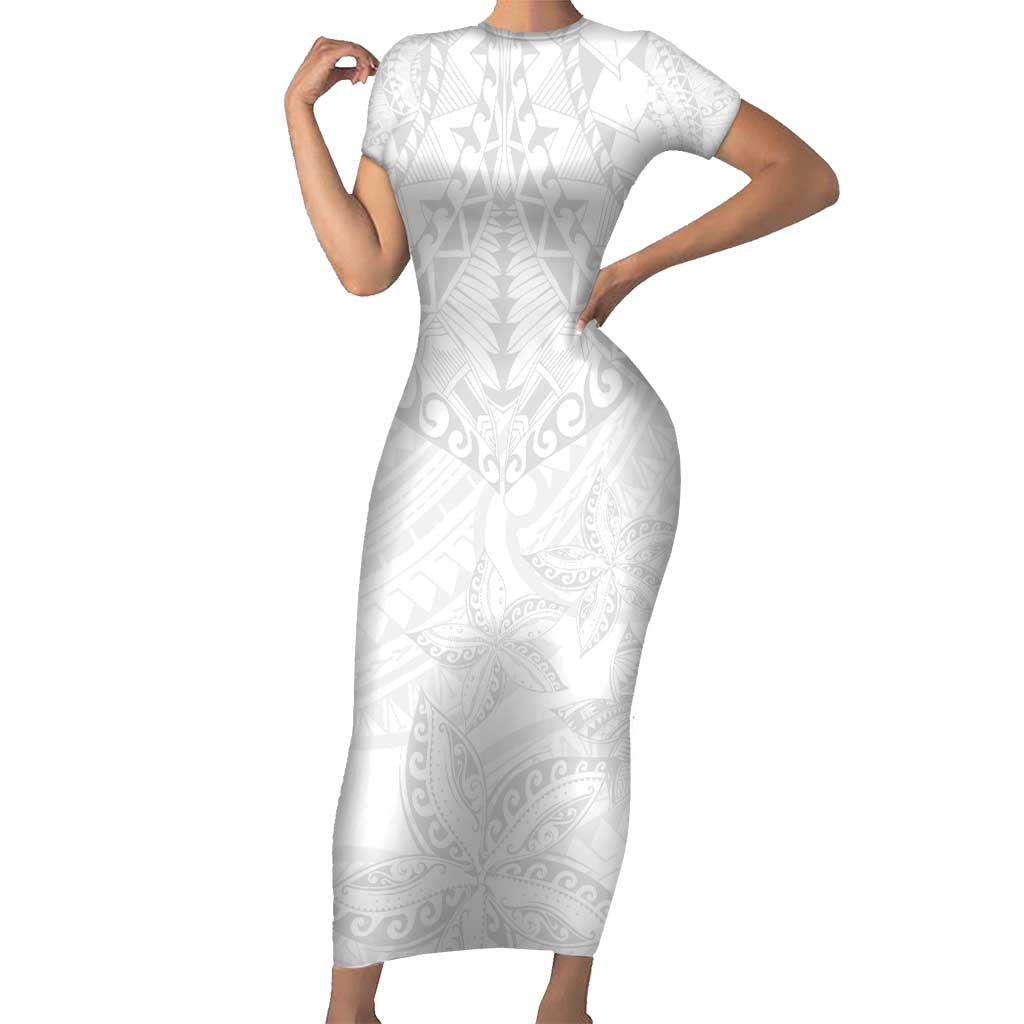 American Samoa White Sunday Short Sleeve Bodycon Dress Lotu Tamaiti Plumeria With Samoan Pattern
