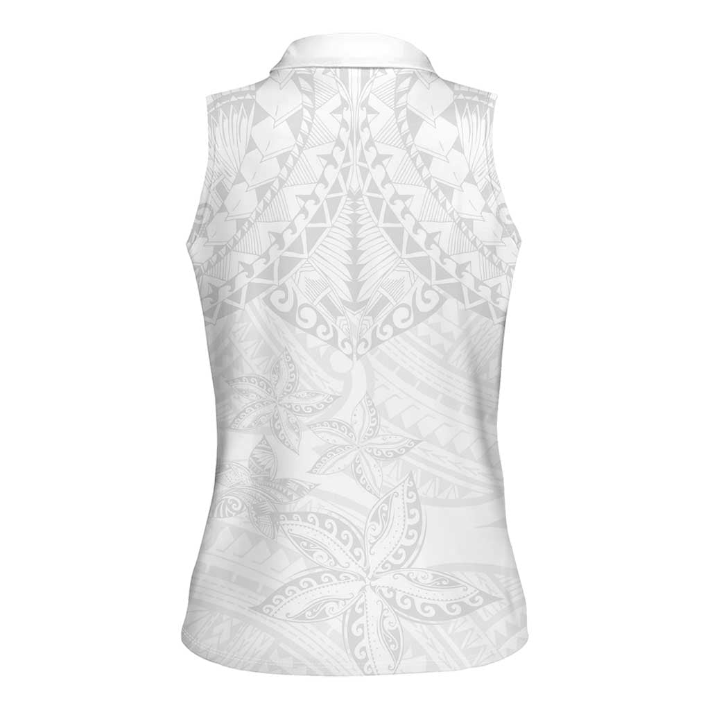 American Samoa White Sunday Women Sleeveless Polo Shirt Lotu Tamaiti Plumeria With Samoan Pattern