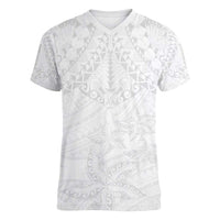 American Samoa White Sunday Women V-Neck T-Shirt Lotu Tamaiti Plumeria With Samoan Pattern