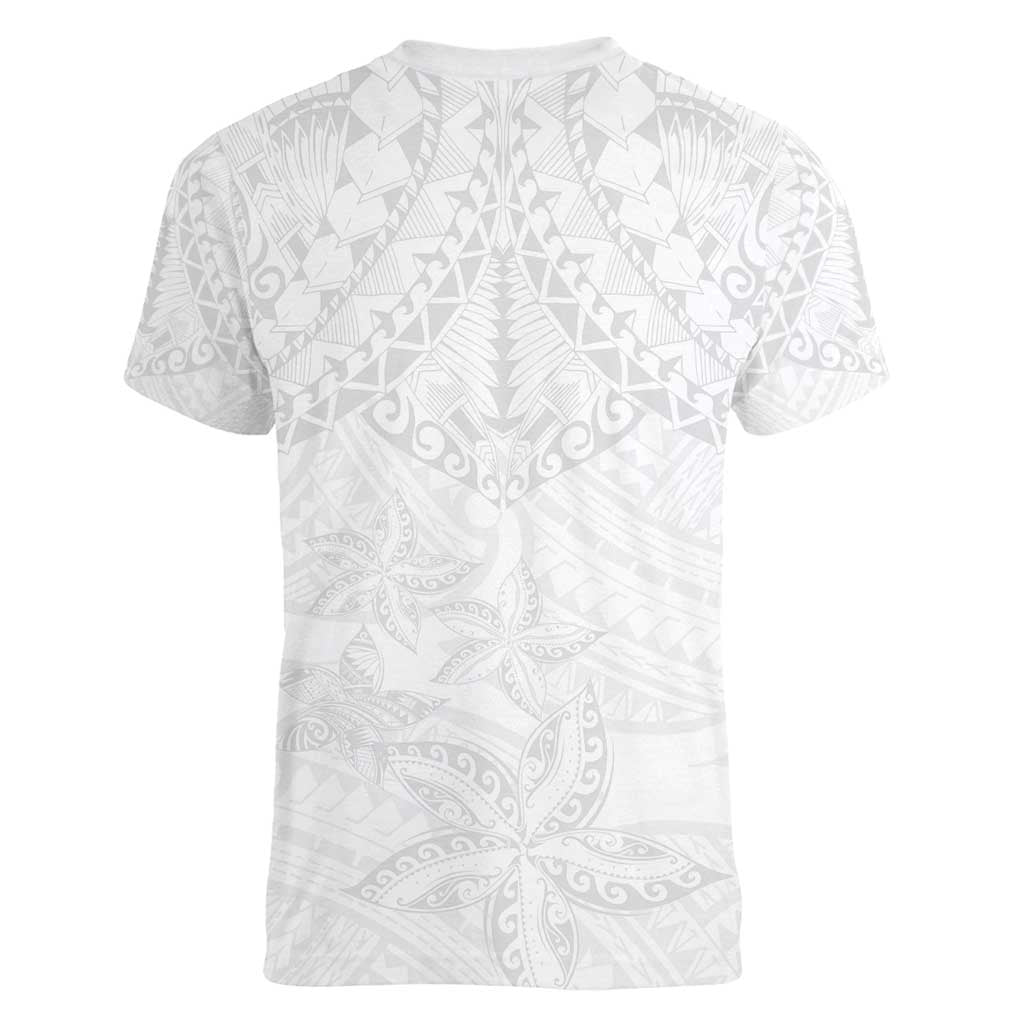 American Samoa White Sunday Women V-Neck T-Shirt Lotu Tamaiti Plumeria With Samoan Pattern
