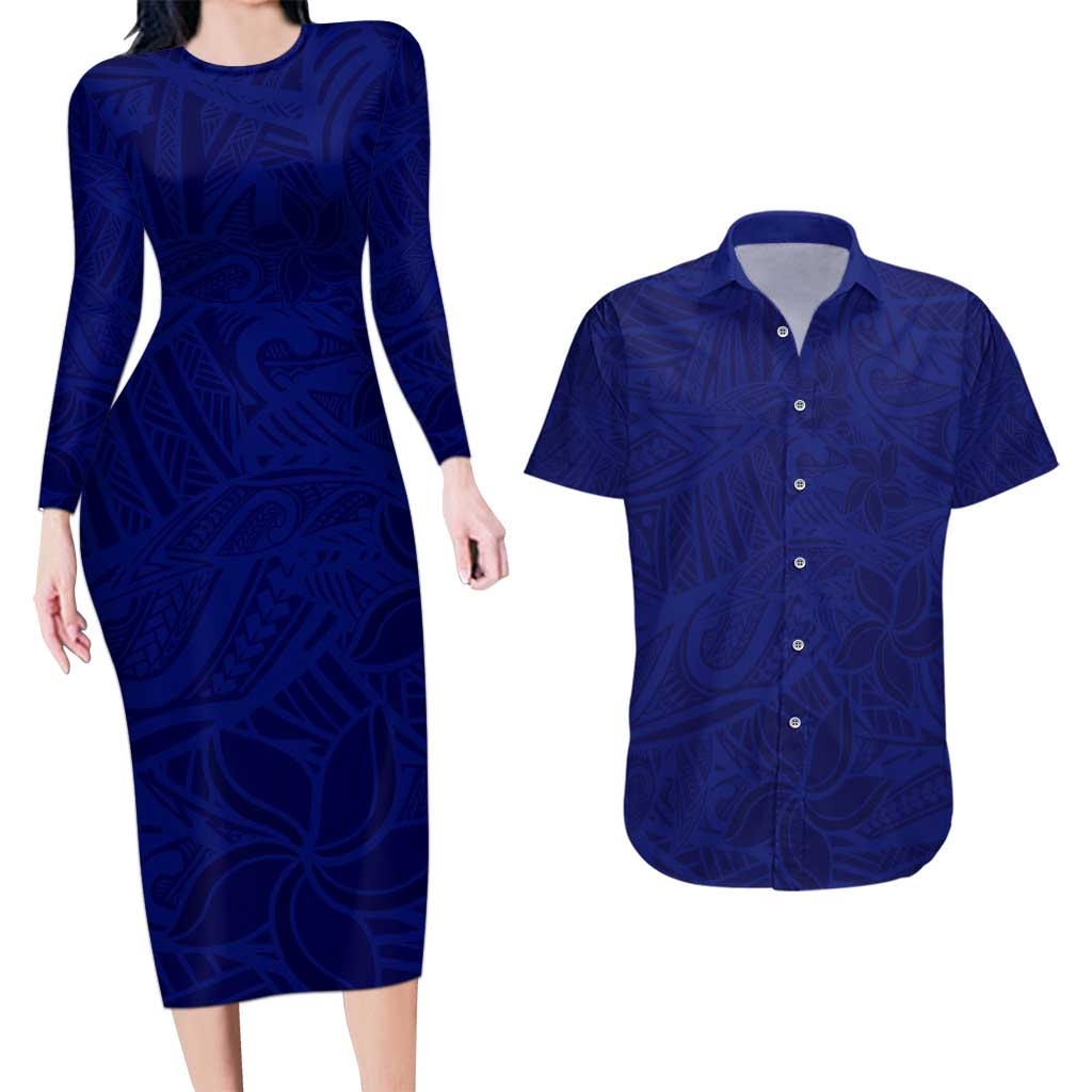Blue Polynesia Couples Matching Long Sleeve Bodycon Dress and Hawaiian Shirt Polynesian Pattern Mix Plumeria LT14 Blue - Polynesian Pride
