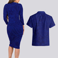 Blue Polynesia Couples Matching Long Sleeve Bodycon Dress and Hawaiian Shirt Polynesian Pattern Mix Plumeria LT14 - Polynesian Pride
