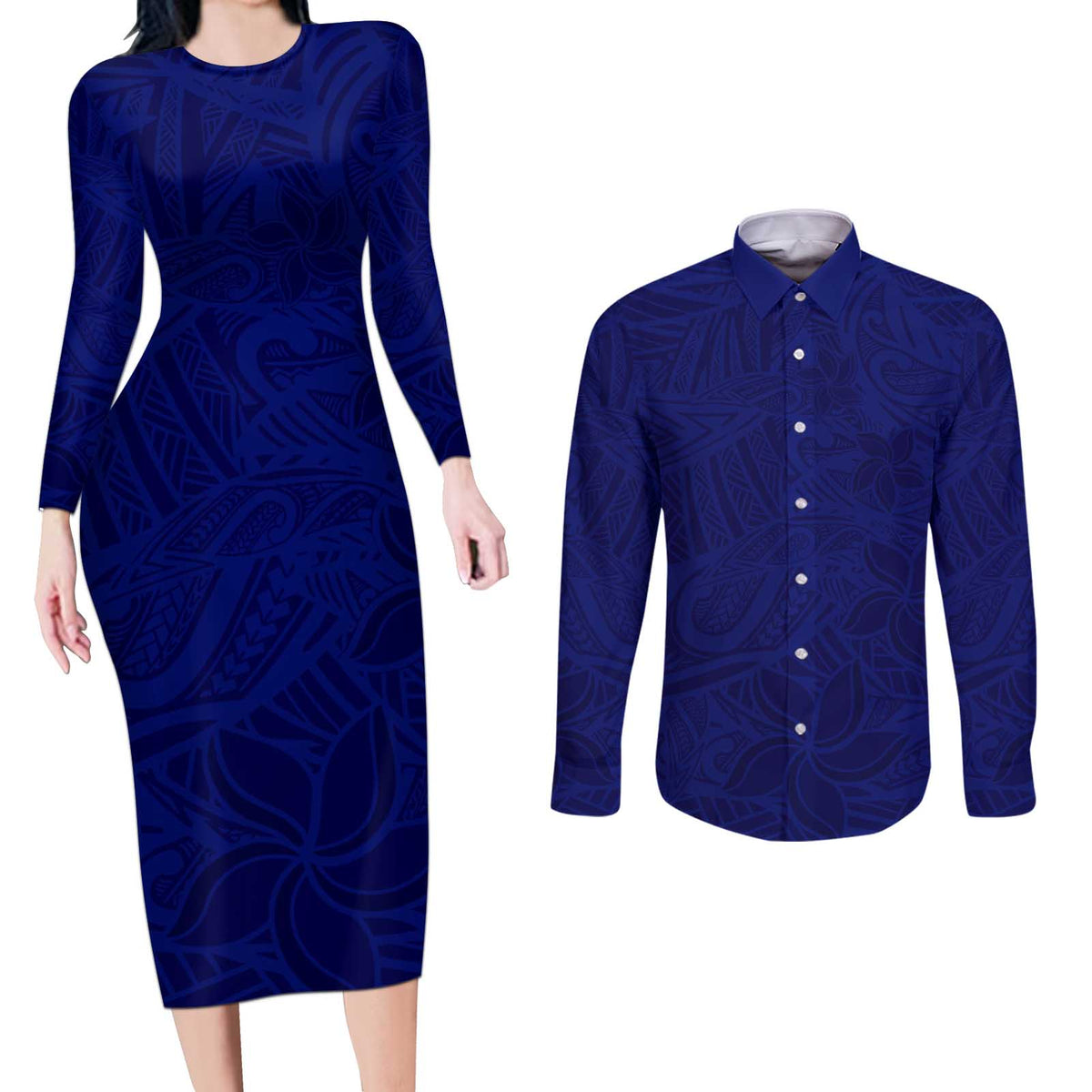 Blue Polynesia Couples Matching Long Sleeve Bodycon Dress and Long Sleeve Button Shirt Polynesian Pattern Mix Plumeria LT14 Blue - Polynesian Pride
