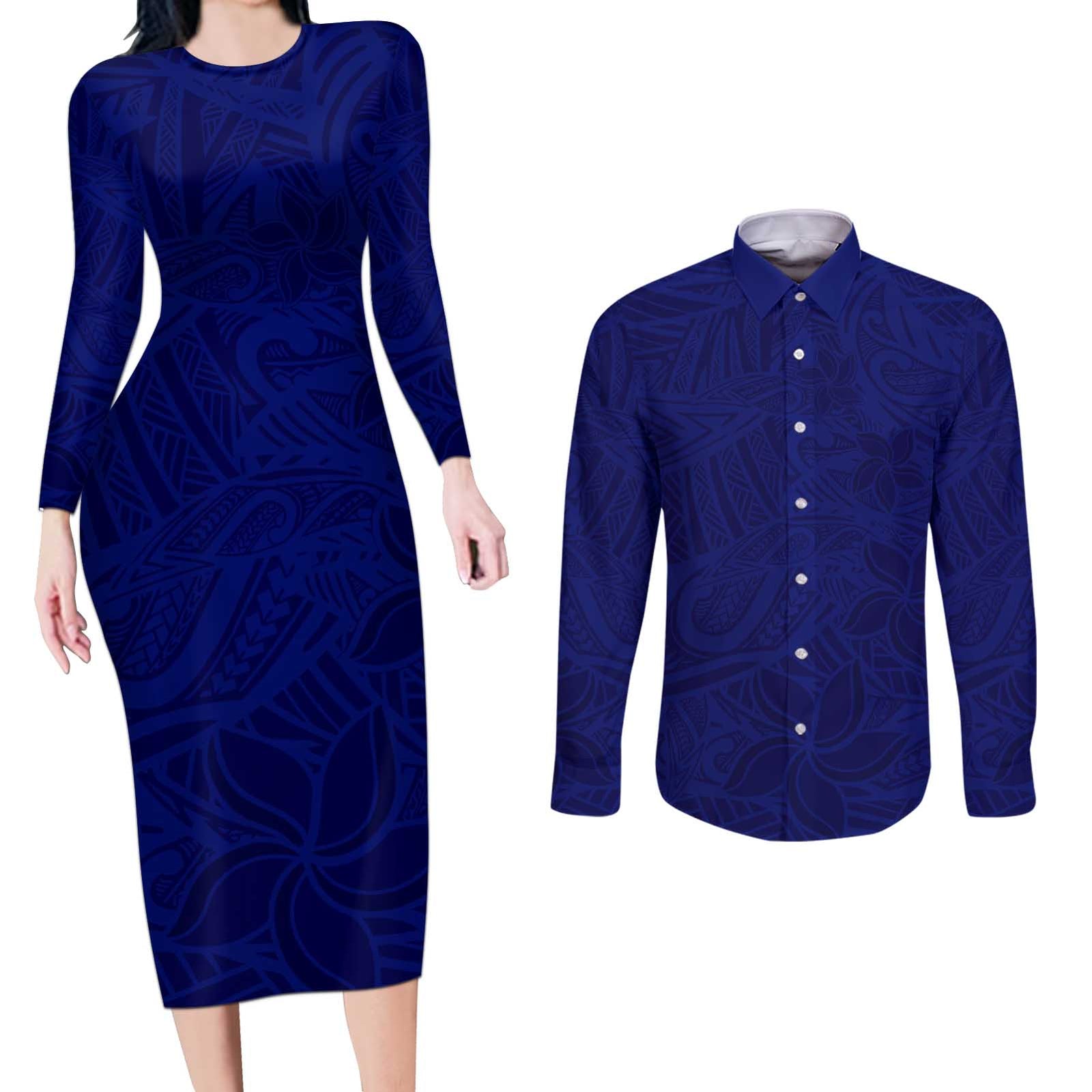 Blue Polynesia Couples Matching Long Sleeve Bodycon Dress and Long Sleeve Button Shirt Polynesian Pattern Mix Plumeria LT14 Blue - Polynesian Pride
