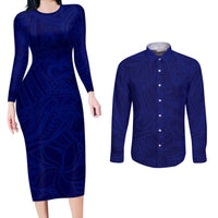 Blue Polynesia Couples Matching Long Sleeve Bodycon Dress and Long Sleeve Button Shirt Polynesian Pattern Mix Plumeria LT14 Blue - Polynesian Pride
