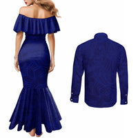 Blue Polynesia Couples Matching Mermaid Dress and Long Sleeve Button Shirt Polynesian Pattern Mix Plumeria LT14 - Polynesian Pride
