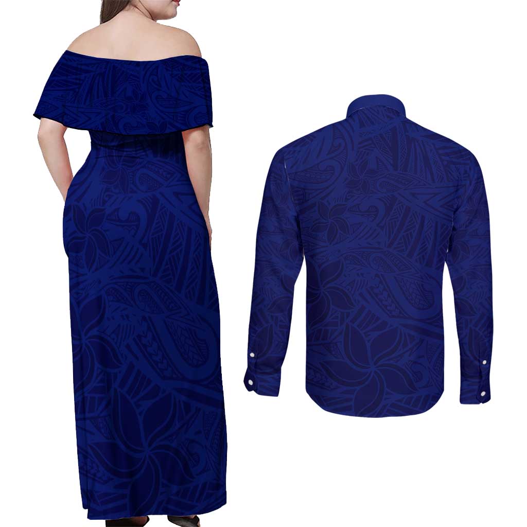 Blue Polynesia Couples Matching Off Shoulder Maxi Dress and Long Sleeve Button Shirt Polynesian Pattern Mix Plumeria LT14 - Polynesian Pride