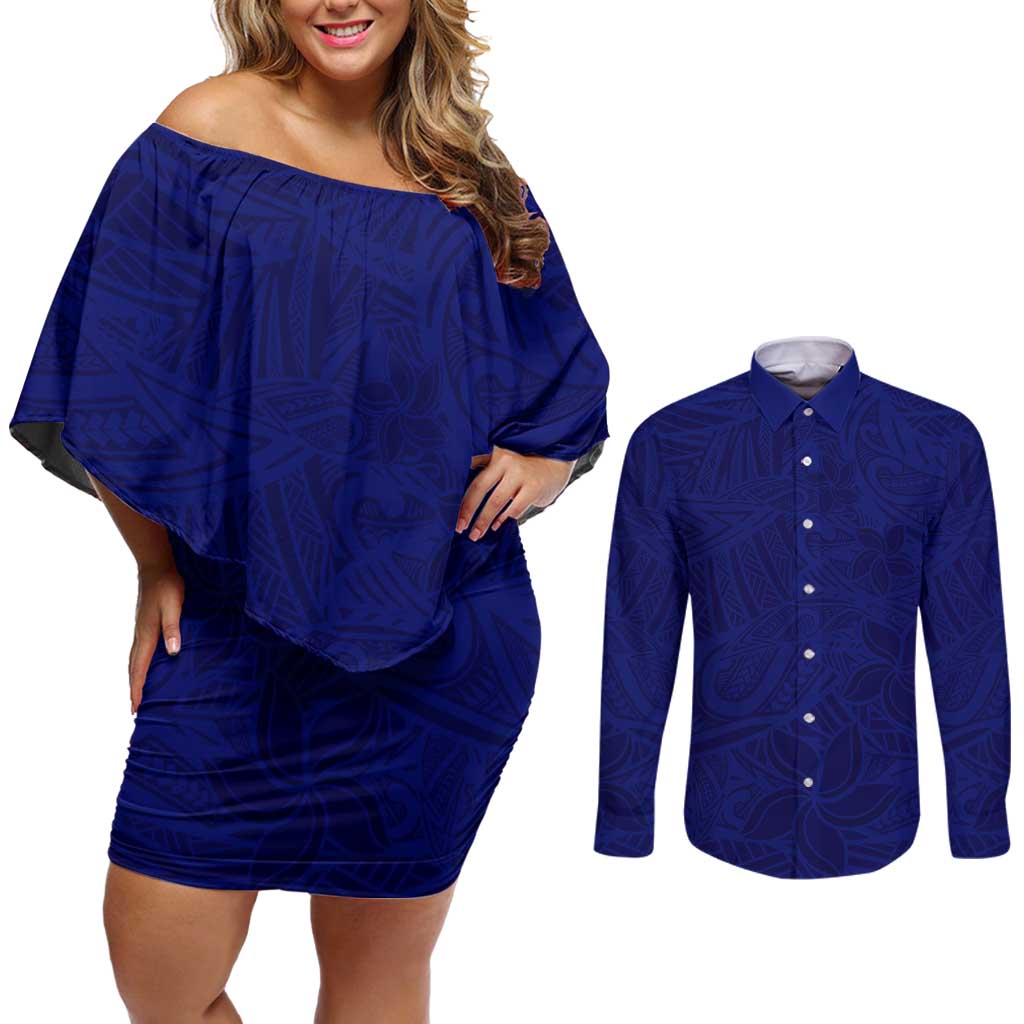 Blue Polynesia Couples Matching Off Shoulder Short Dress and Long Sleeve Button Shirt Polynesian Pattern Mix Plumeria LT14 Blue - Polynesian Pride
