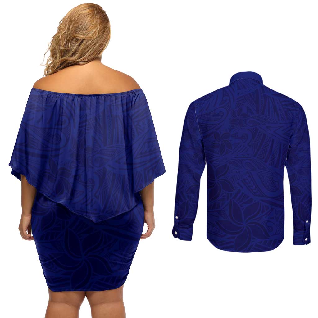 Blue Polynesia Couples Matching Off Shoulder Short Dress and Long Sleeve Button Shirt Polynesian Pattern Mix Plumeria LT14 - Polynesian Pride