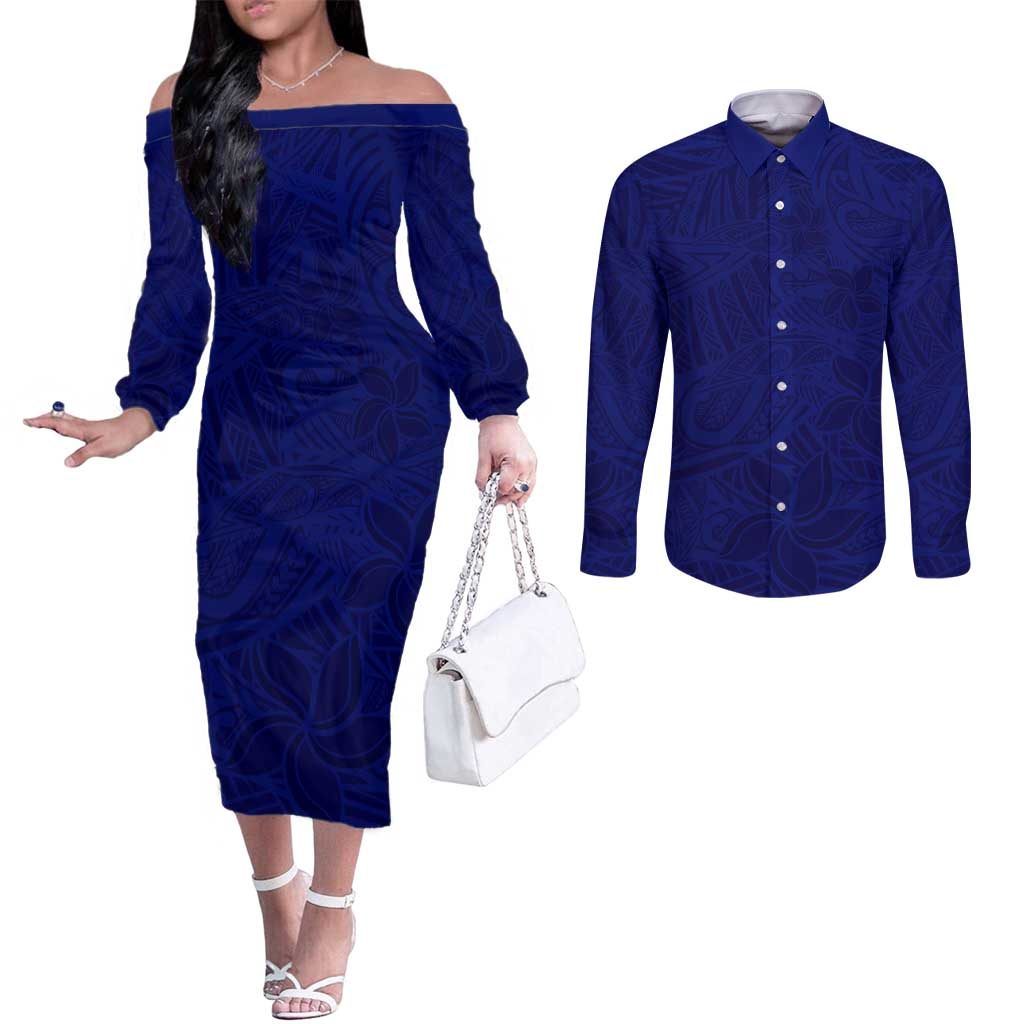 Blue Polynesia Couples Matching Off The Shoulder Long Sleeve Dress and Long Sleeve Button Shirt Polynesian Pattern Mix Plumeria LT14 Blue - Polynesian Pride