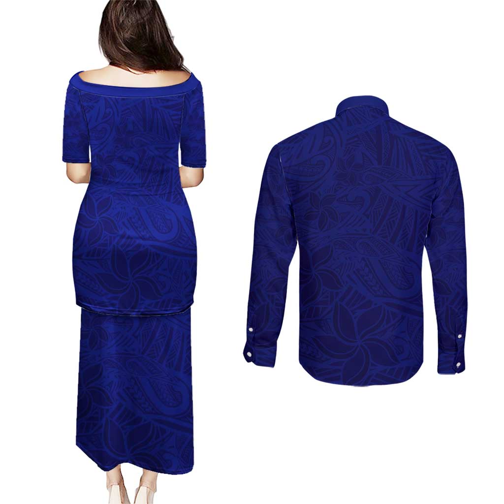 Blue Polynesia Couples Matching Puletasi and Long Sleeve Button Shirt Polynesian Pattern Mix Plumeria LT14 - Polynesian Pride