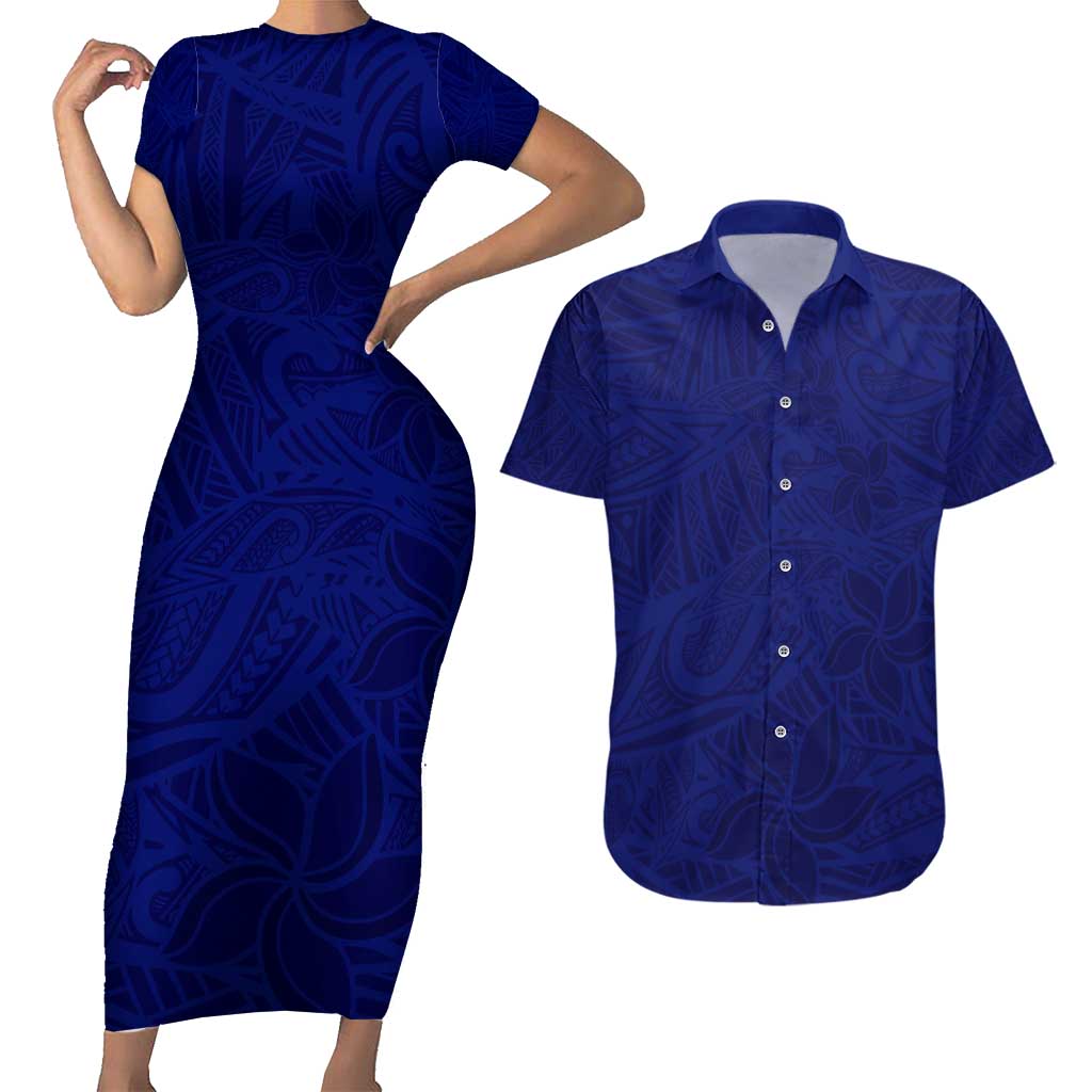 Blue Polynesia Couples Matching Short Sleeve Bodycon Dress and Hawaiian Shirt Polynesian Pattern Mix Plumeria LT14 Blue - Polynesian Pride