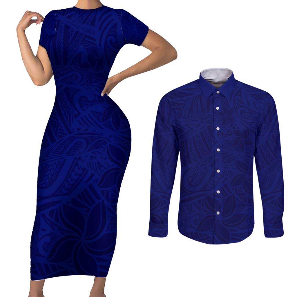 Blue Polynesia Couples Matching Short Sleeve Bodycon Dress and Long Sleeve Button Shirt Polynesian Pattern Mix Plumeria LT14 Blue - Polynesian Pride