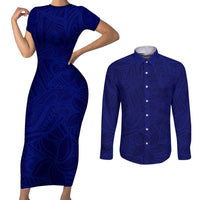 Blue Polynesia Couples Matching Short Sleeve Bodycon Dress and Long Sleeve Button Shirt Polynesian Pattern Mix Plumeria LT14 Blue - Polynesian Pride