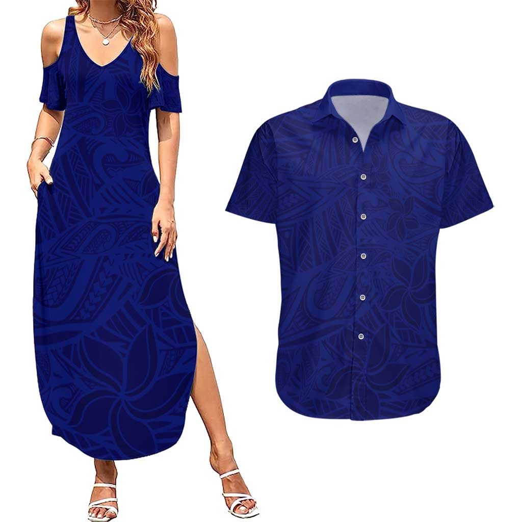 Blue Polynesia Couples Matching Summer Maxi Dress and Hawaiian Shirt Polynesian Pattern Mix Plumeria LT14 Blue - Polynesian Pride