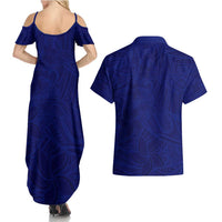 Blue Polynesia Couples Matching Summer Maxi Dress and Hawaiian Shirt Polynesian Pattern Mix Plumeria LT14 - Polynesian Pride