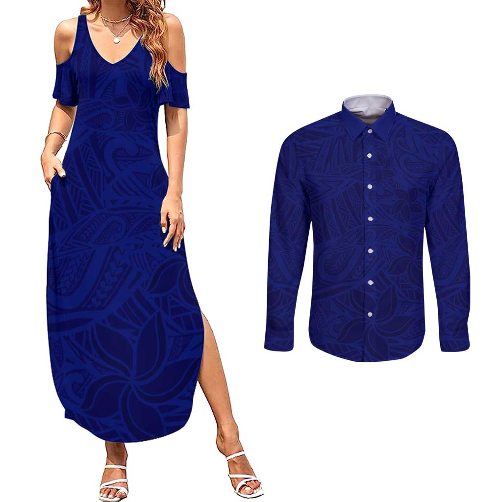 Blue Polynesia Couples Matching Summer Maxi Dress and Long Sleeve Button Shirt Polynesian Pattern Mix Plumeria LT14 Blue - Polynesian Pride
