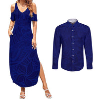 Blue Polynesia Couples Matching Summer Maxi Dress and Long Sleeve Button Shirt Polynesian Pattern Mix Plumeria LT14 Blue - Polynesian Pride