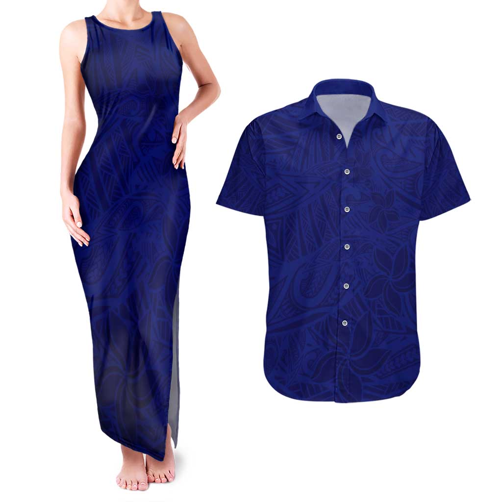 Blue Polynesia Couples Matching Tank Maxi Dress and Hawaiian Shirt Polynesian Pattern Mix Plumeria LT14 Blue - Polynesian Pride