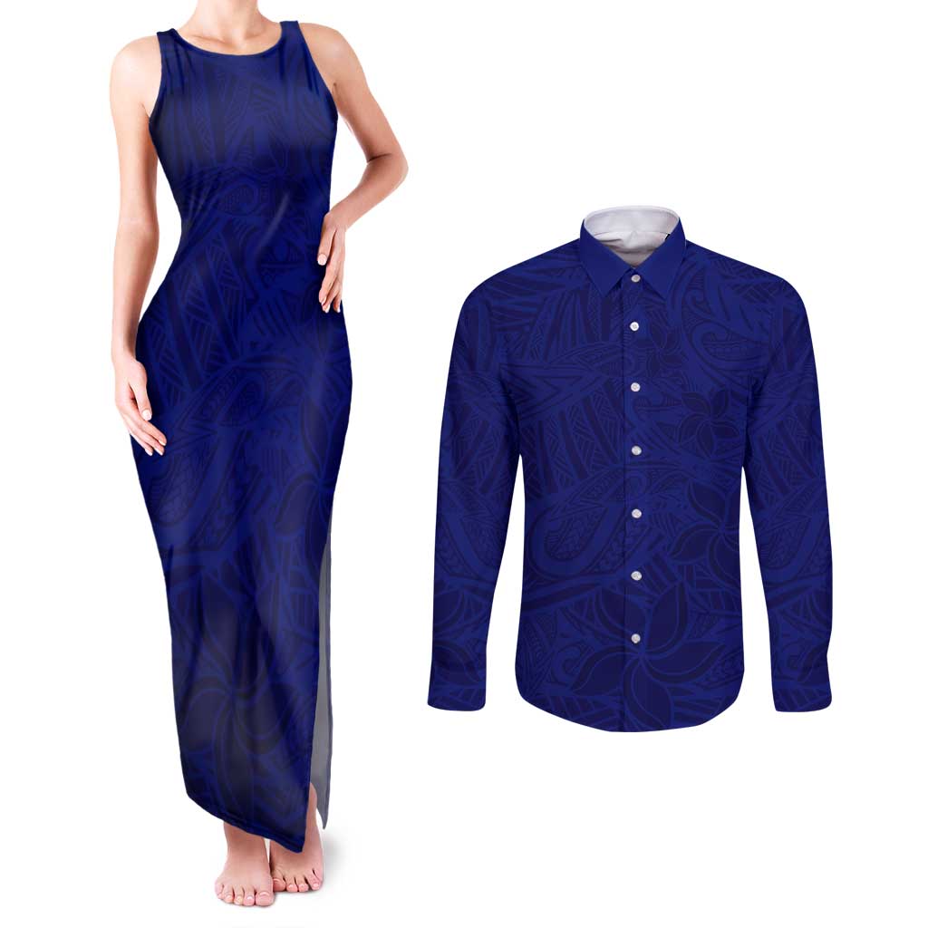 Blue Polynesia Couples Matching Tank Maxi Dress and Long Sleeve Button Shirt Polynesian Pattern Mix Plumeria LT14 Blue - Polynesian Pride