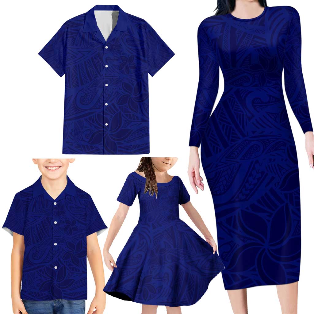 Blue Polynesia Family Matching Long Sleeve Bodycon Dress and Hawaiian Shirt Polynesian Pattern Mix Plumeria