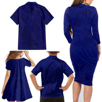 Blue Polynesia Family Matching Long Sleeve Bodycon Dress and Hawaiian Shirt Polynesian Pattern Mix Plumeria LT14 - Polynesian Pride
