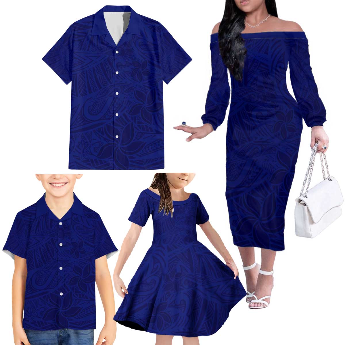 Blue Polynesia Family Matching Off The Shoulder Long Sleeve Dress and Hawaiian Shirt Polynesian Pattern Mix Plumeria LT14 - Polynesian Pride