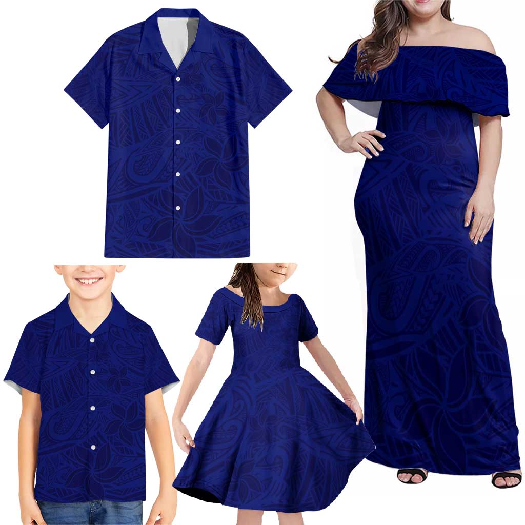 Blue Polynesia Family Matching Off Shoulder Maxi Dress and Hawaiian Shirt Polynesian Pattern Mix Plumeria LT14 - Polynesian Pride