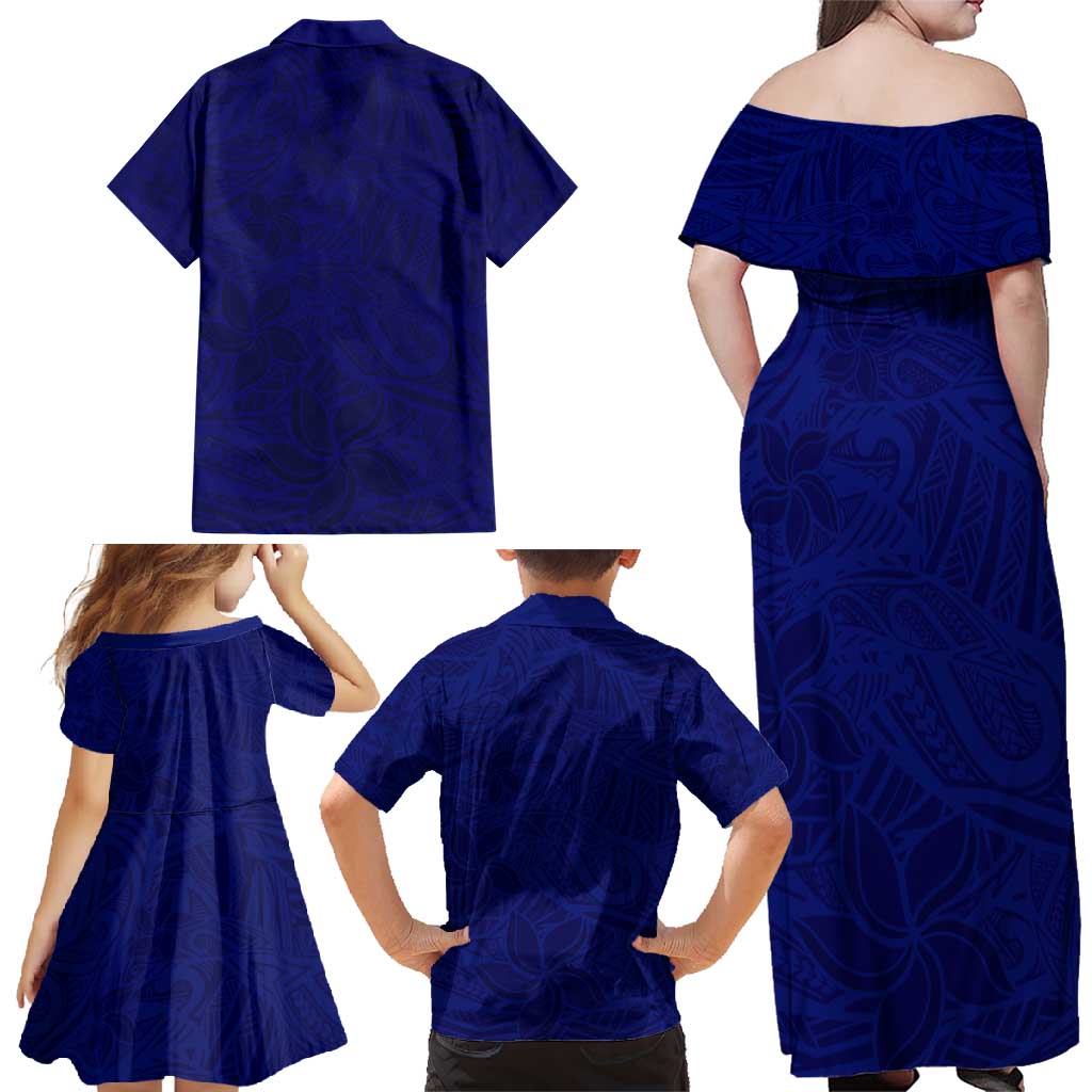 Blue Polynesia Family Matching Off Shoulder Maxi Dress and Hawaiian Shirt Polynesian Pattern Mix Plumeria LT14 - Polynesian Pride