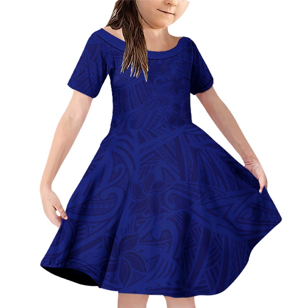 Blue Polynesia Family Matching Off Shoulder Short Dress and Hawaiian Shirt Polynesian Pattern Mix Plumeria LT14 Daughter's Dress Blue - Polynesian Pride