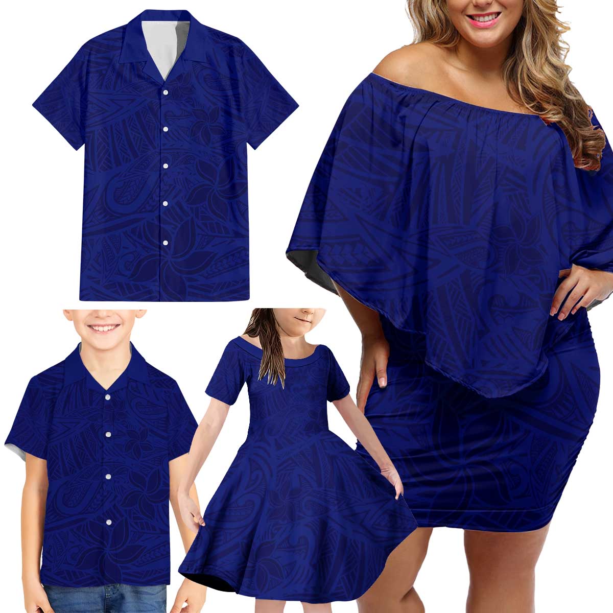 Blue Polynesia Family Matching Off Shoulder Short Dress and Hawaiian Shirt Polynesian Pattern Mix Plumeria