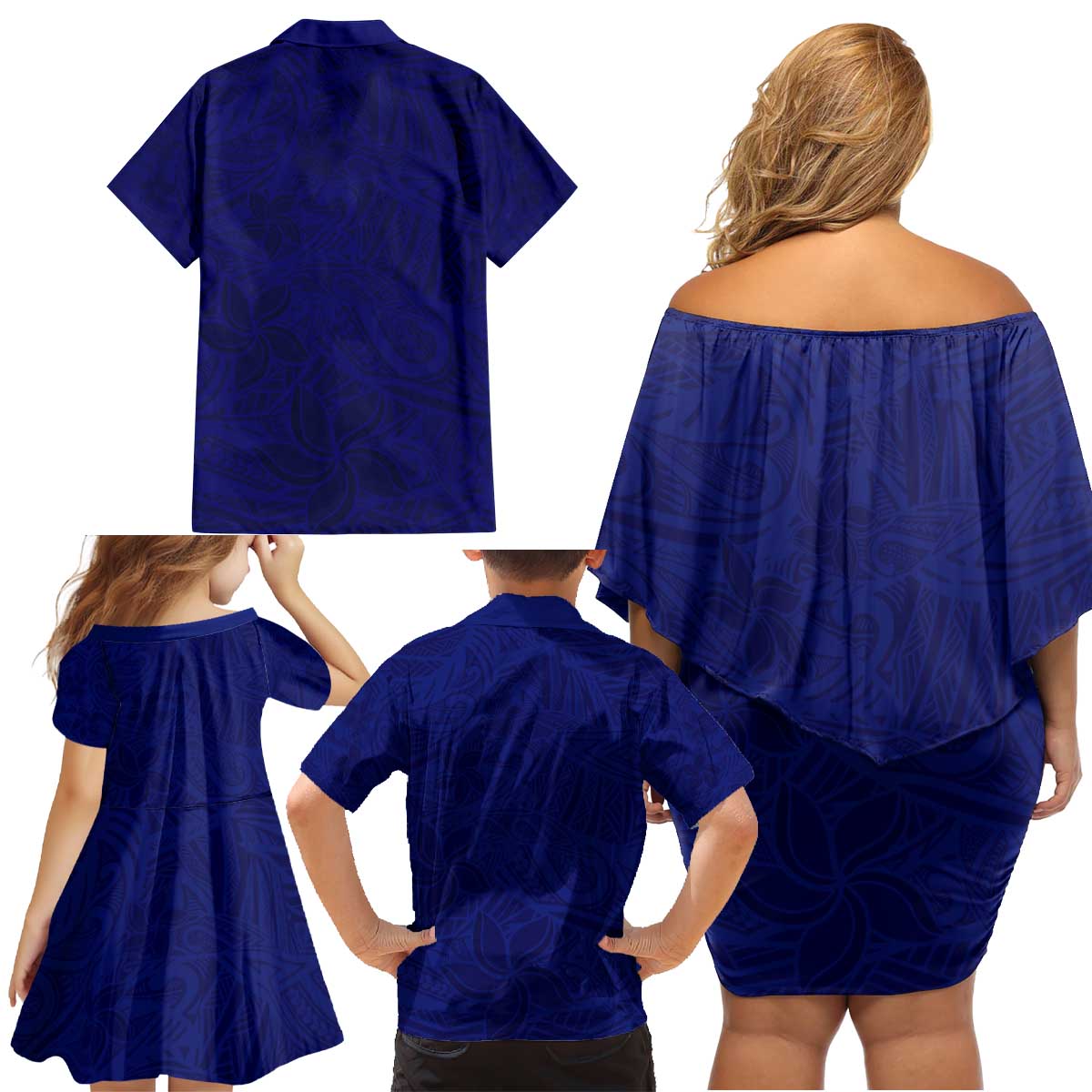 Blue Polynesia Family Matching Off Shoulder Short Dress and Hawaiian Shirt Polynesian Pattern Mix Plumeria LT14 - Polynesian Pride