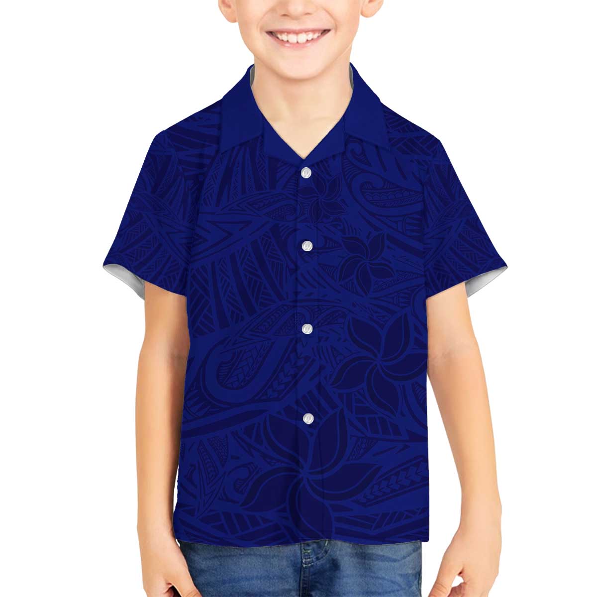 Blue Polynesia Family Matching Off Shoulder Short Dress and Hawaiian Shirt Polynesian Pattern Mix Plumeria LT14 Son's Shirt Blue - Polynesian Pride